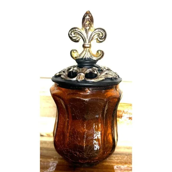 Decorative Amber Crackle Glass Canister With Fluer-de-lis Lid - Picture 3 of 13